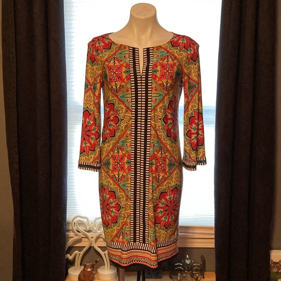 Laundry by Shelli Segal bell sleeve mirrored pattern lined colorf dress size 10 - Picture 1 of 9